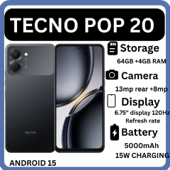 TECNO POP 20 128GB + 8(4+4)GB  64GB+4GB 4G Network 6.75" 120Hz Hole Screen Dual Speakers IP64 Waterproof 13MP 5000mAh 15W Type-C Android 15 Dual SIM Phone Side Fingerprint Unlock phones