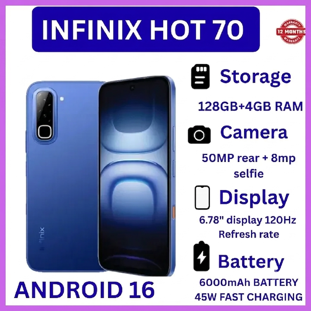 Infinix Hot 70 8(4+4)GB RAM+128GB 6.78'' 120Hz 4G Slim Phone Dual SIM 6000mAh 45W Fast Charging 50MP Camera Side Fingerprint Lock IP64 Gyroscope G100 Ultimate One-Tap AI Smart Phones
