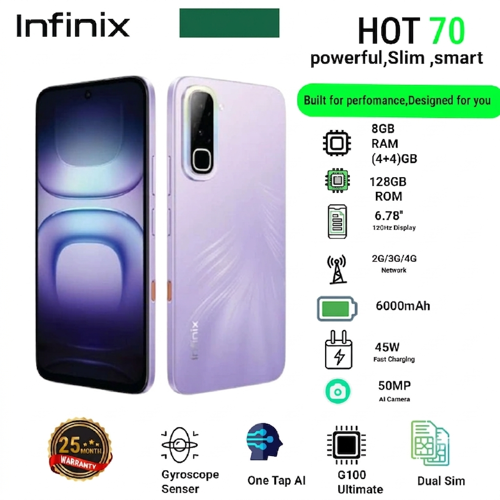 Infinix Hot 70 8(4+4)GB RAM+128GB 6.78'' 120Hz 4G Slim Phone Dual SIM 6000mAh 45W Fast Charging 50MP Camera Side Fingerprint Lock IP64 Gyroscope G100 Ultimate One-Tap AI Smart Phones