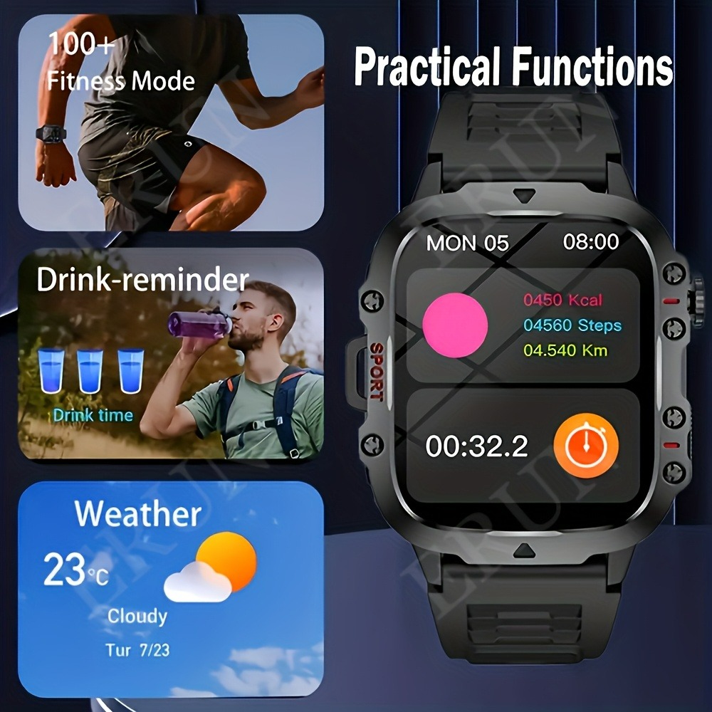 New Steel Strip Outdoor Military Smart Watch 1.96inch Large Screen HD Bluetooth Call SOS Voice Assistant Men Women Smartwatch Sports Fitness Tracker Compatible With Android/IOS Phones