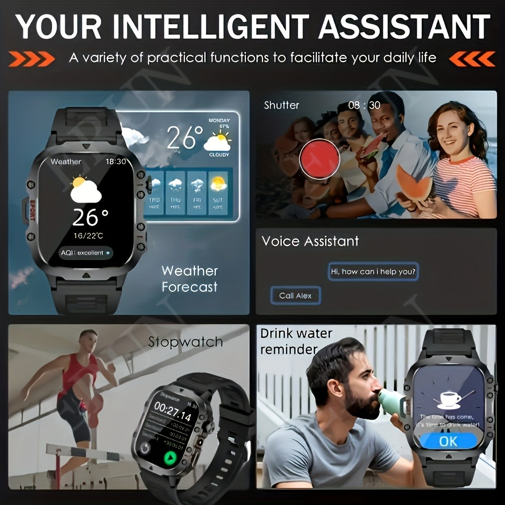 New Steel Strip Outdoor Military Smart Watch 1.96inch Large Screen HD Bluetooth Call SOS Voice Assistant Men Women Smartwatch Sports Fitness Tracker Compatible With Android/IOS Phones