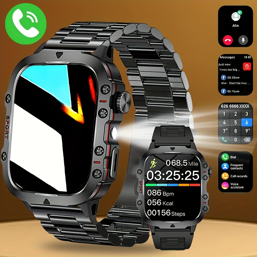 New Steel Strip Outdoor Military Smart Watch 1.96inch Large Screen HD Bluetooth Call SOS Voice Assistant Men Women Smartwatch Sports Fitness Tracker Compatible With Android/IOS Phones