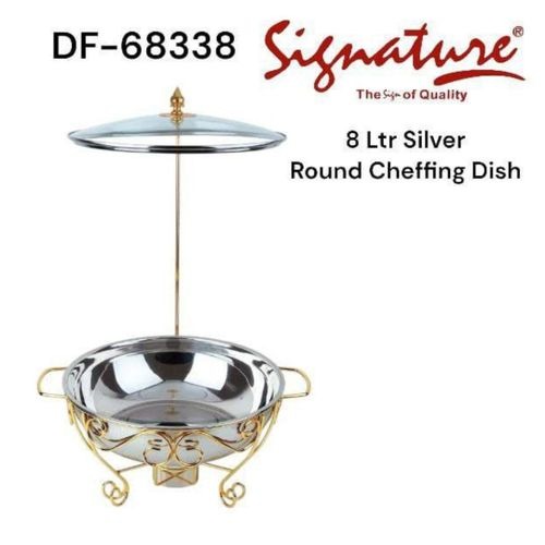 Signature DF-68338 8L Round Chafing Dish – Stainless Steel Buffet Food Warmer with Glass Lid, Silver & Gold Finish