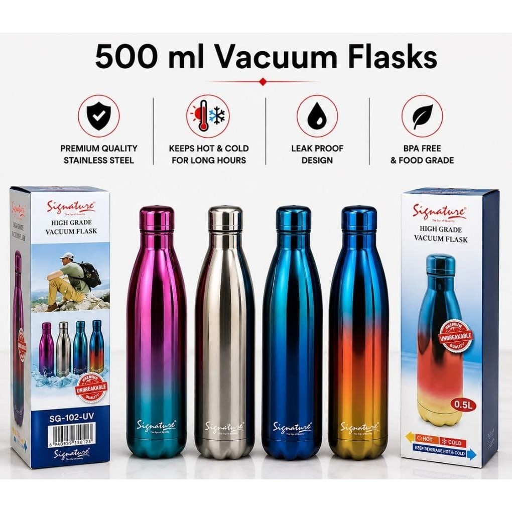 Signature 500ML Unbreakable Vacuum Flask – Stainless Steel Thermal Water Bottle | Leak-Proof | Hot & Cold Insulated Flask