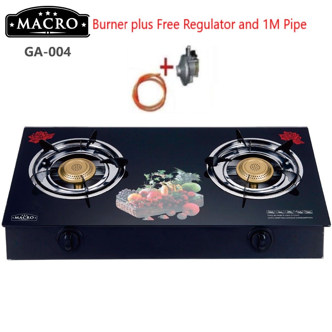 Macro GA004 Glass Table Top Cooker Double Burner Gas Stove + Free 13KG Regulator and gas Pipe