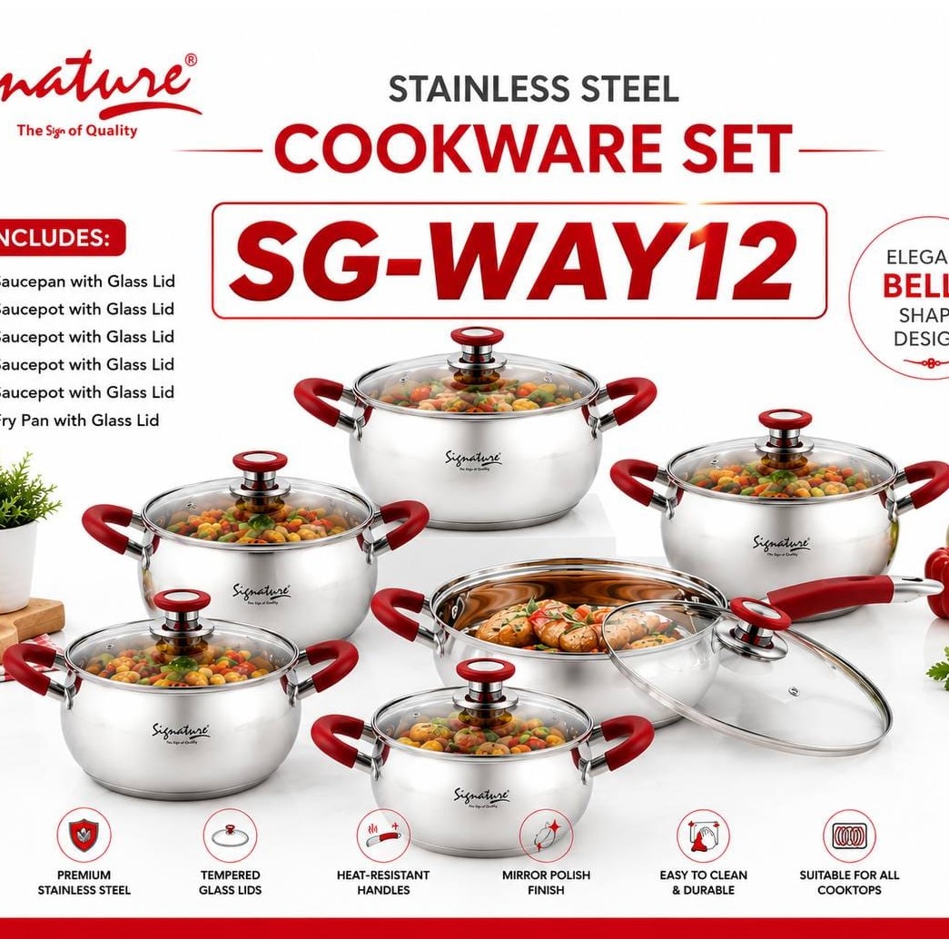 Signature 12-Piece Premium Stainless Steel Cookware Set – Induction Compatible | Tempered Glass Lids | Mirror Finish | All Cooktops