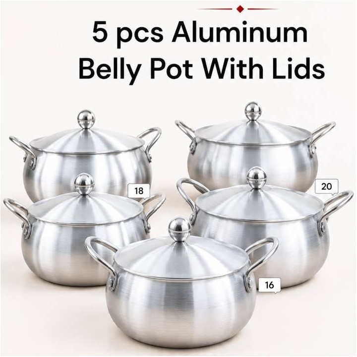 Signature 5-Piece Premium Aluminum Belly Pots with Lids – Sizes 16cm, 18cm, 20cm, 22cm & 24cm | Durable Cooking Pot Set for Everyday Use