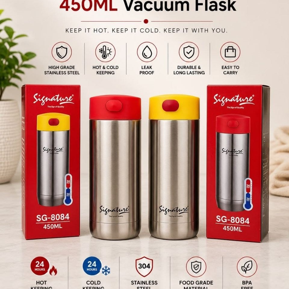 Signature 450ML Vacuum Flask – Unbreakable 304 Stainless Steel Insulated Thermos Bottle | Leak-Proof | Keeps Drinks Hot & Cold for Long