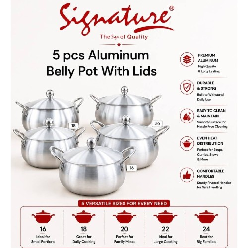 Signature 5-Piece Premium Aluminum Belly Pots with Lids – Sizes 16cm, 18cm, 20cm, 22cm & 24cm | Durable Cooking Pot Set for Everyday Use