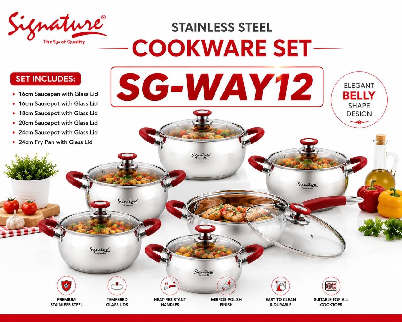 Signature 12-Piece Premium Stainless Steel Cookware Set – Induction Compatible | Tempered Glass Lids | Mirror Finish | All Cooktops