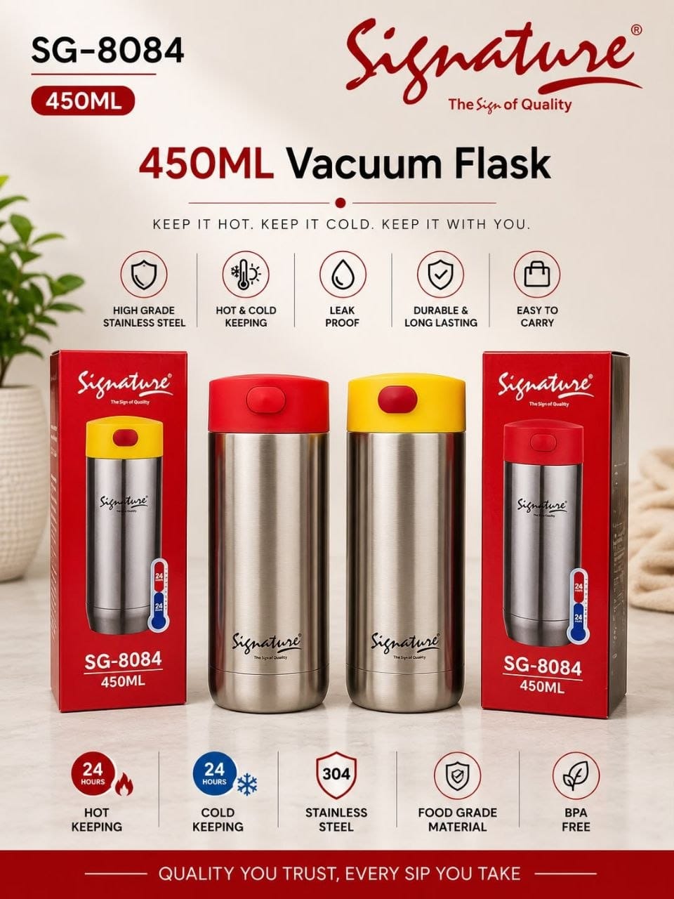 Signature 450ML Vacuum Flask – Unbreakable 304 Stainless Steel Insulated Thermos Bottle | Leak-Proof | Keeps Drinks Hot & Cold for Long