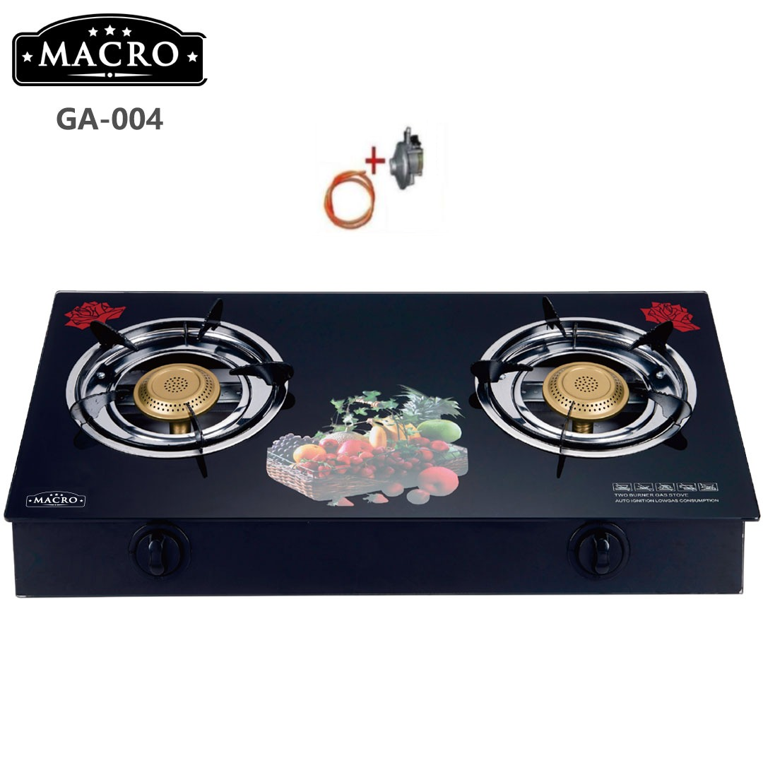 Macro GA004 Glass Table Top Cooker Double Burner Gas Stove + Free 13KG Regulator and gas Pipe