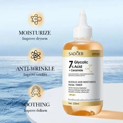 SADOER 7% Glycolic Acid + Ceramide Toner 230ml For Skin Renewal, Exfoliation, Anti-Dark Spots, Smooth Texture & Radiant Youthful Glow Brightens, And Restores Skin For A Clear, Smooth And Radiant Glow