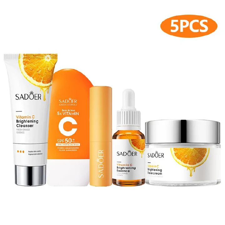 SADOER 5PCS Skin Care Set Vitamin C Sunscreen Brightening Moisturizing Set Vitamin C Face Cream + Face Cleanser + Vitamin C Face Serum + SPF50+ Sunscreen + Moisturizing Lip Balm