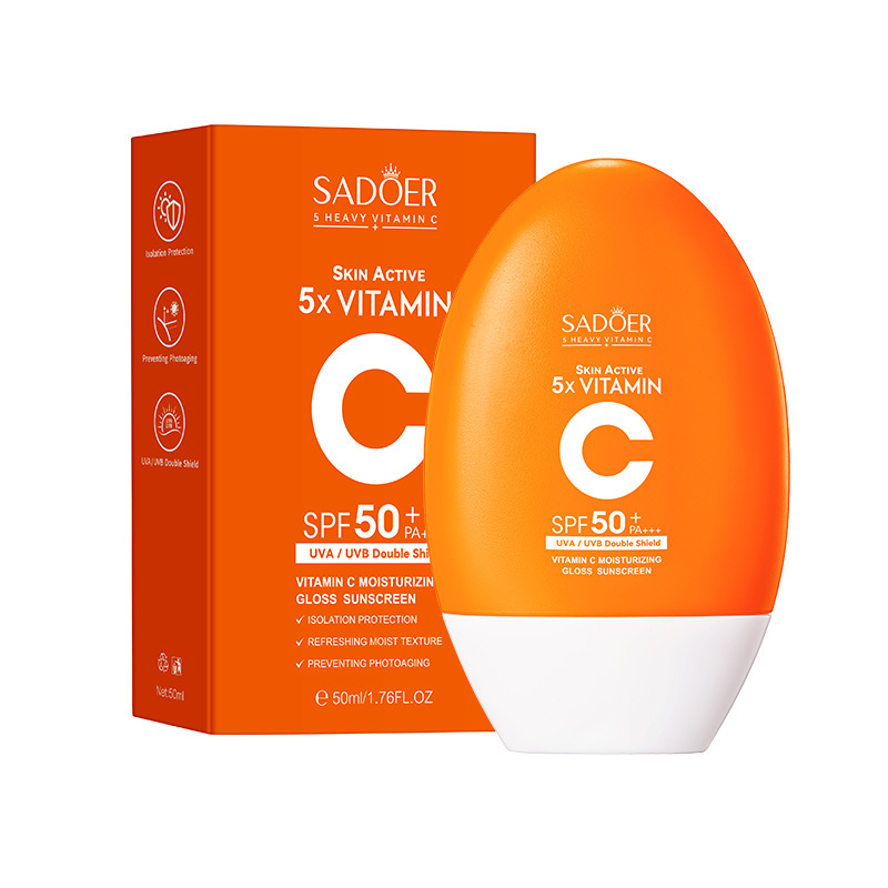 SADOER 5PCS Skin Care Set Vitamin C Sunscreen Brightening Moisturizing Set Vitamin C Face Cream + Face Cleanser + Vitamin C Face Serum + SPF50+ Sunscreen + Moisturizing Lip Balm