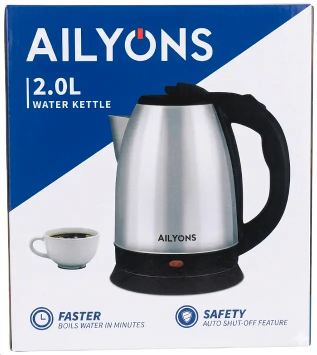 AILYONS 2L Rapid-Boil Electric Kettle – Cordless Stainless Steel Water Heater with Auto Shut-Off & Boil-Dry Protection