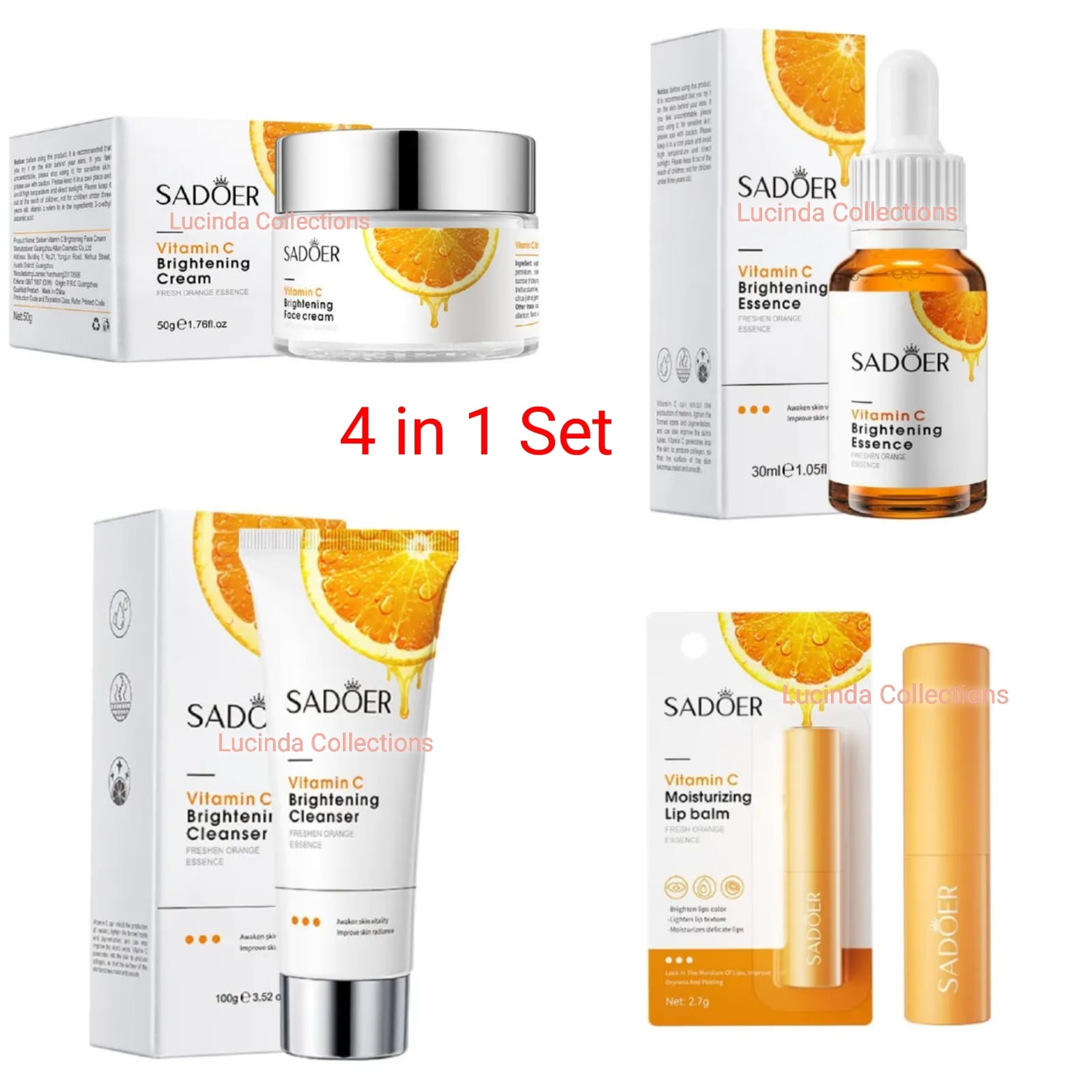 4Pcs in 1 SADOER Set -  Face Vitamin C Essence Serum + Facial Cleanser + Brightening Vitamin C Face Cream + Lip Balm Brightening Whitening Moisturizing Skin Care Gifts Set