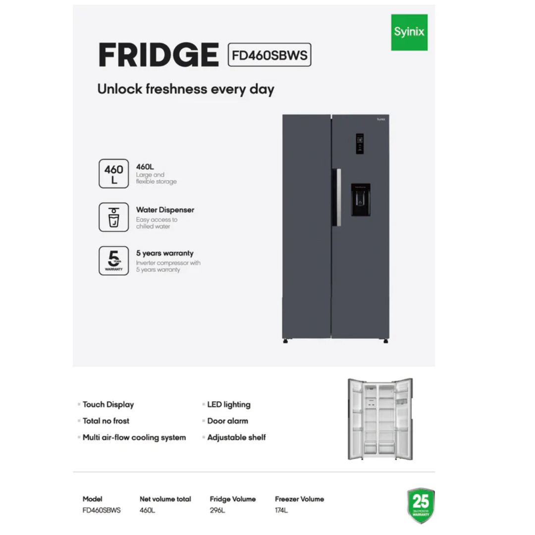 Syinix Side by Side Fridge WITH Water Dispenser No Frost Grey 460L FD460SBWS