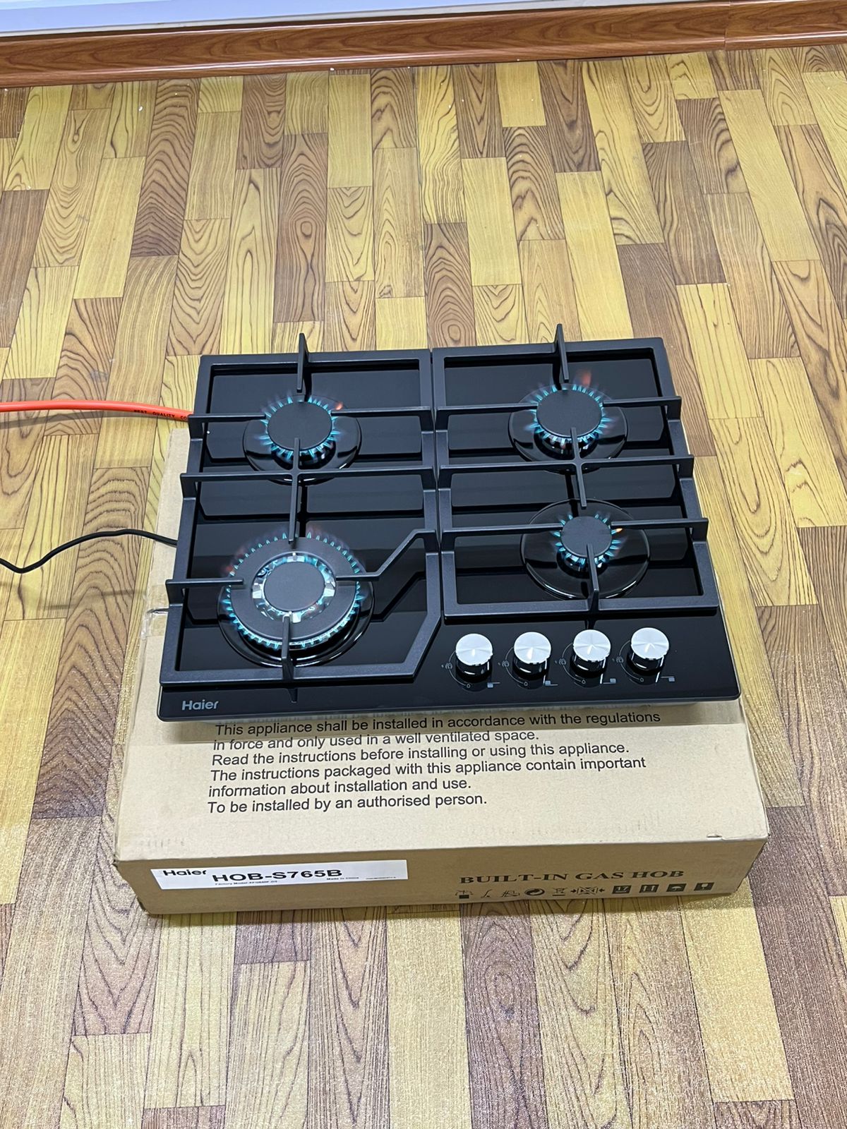 Haier HOB-S765B 60×60cm Built-In Gas Hob – 4 Burner, Black Glass Cooktop