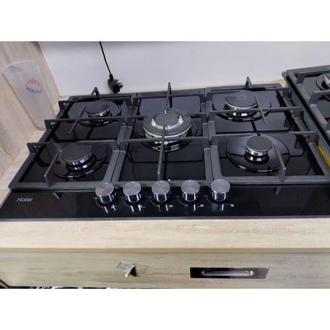 Haier HOB-S775B 5 Burner Gas Hob | Built-In Kitchen Cooker | Black Glass Top