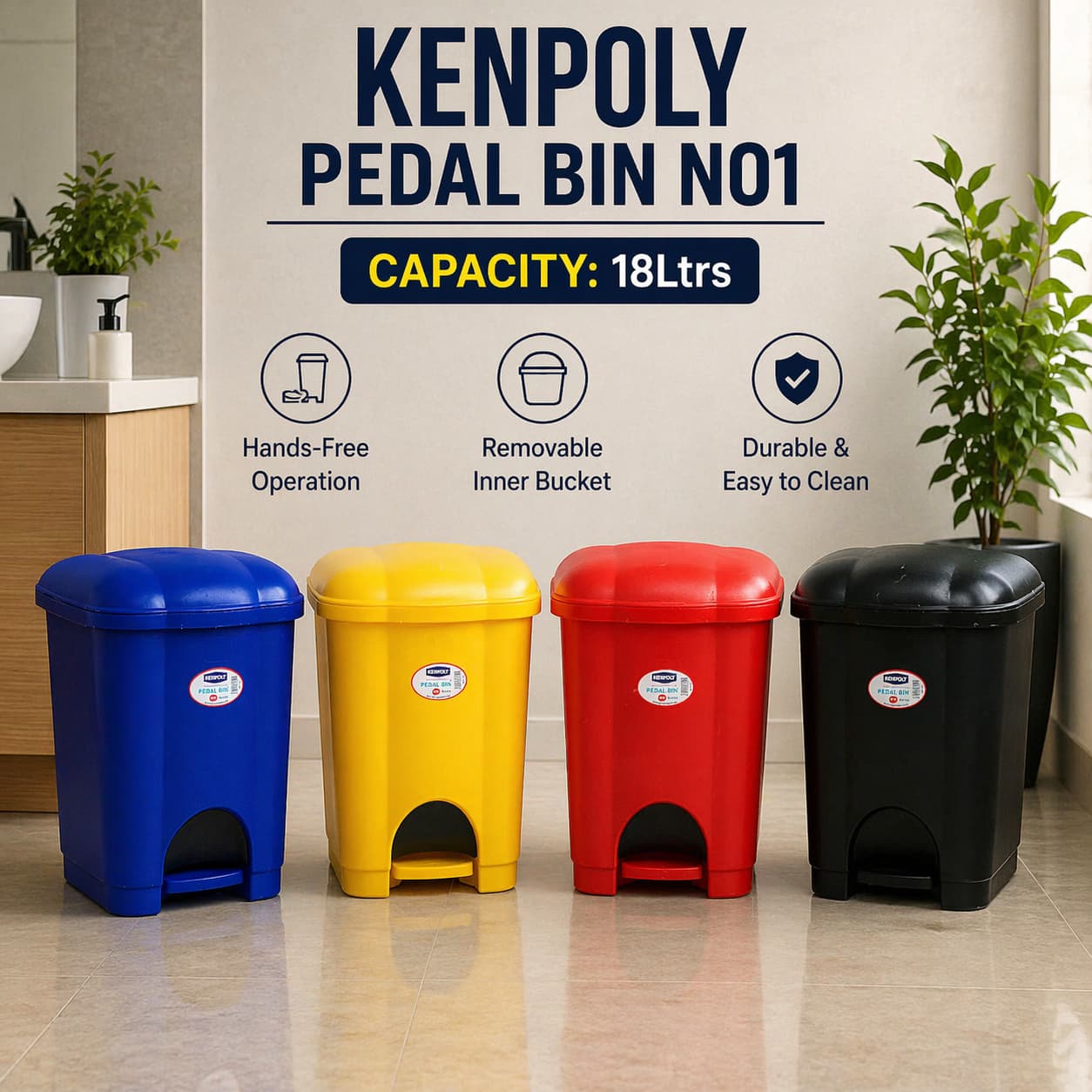 18L Pedal Bin – Hands-Free Plastic Dustbin with Lid & Inner Bucket (Kenpoly No.1).🗑️ 18L Pedal Dustbin – Hygienic, Durable  Easy to Use.Hands-Free Pedal Operation.Removable Inner Bucket.Easy to Clean