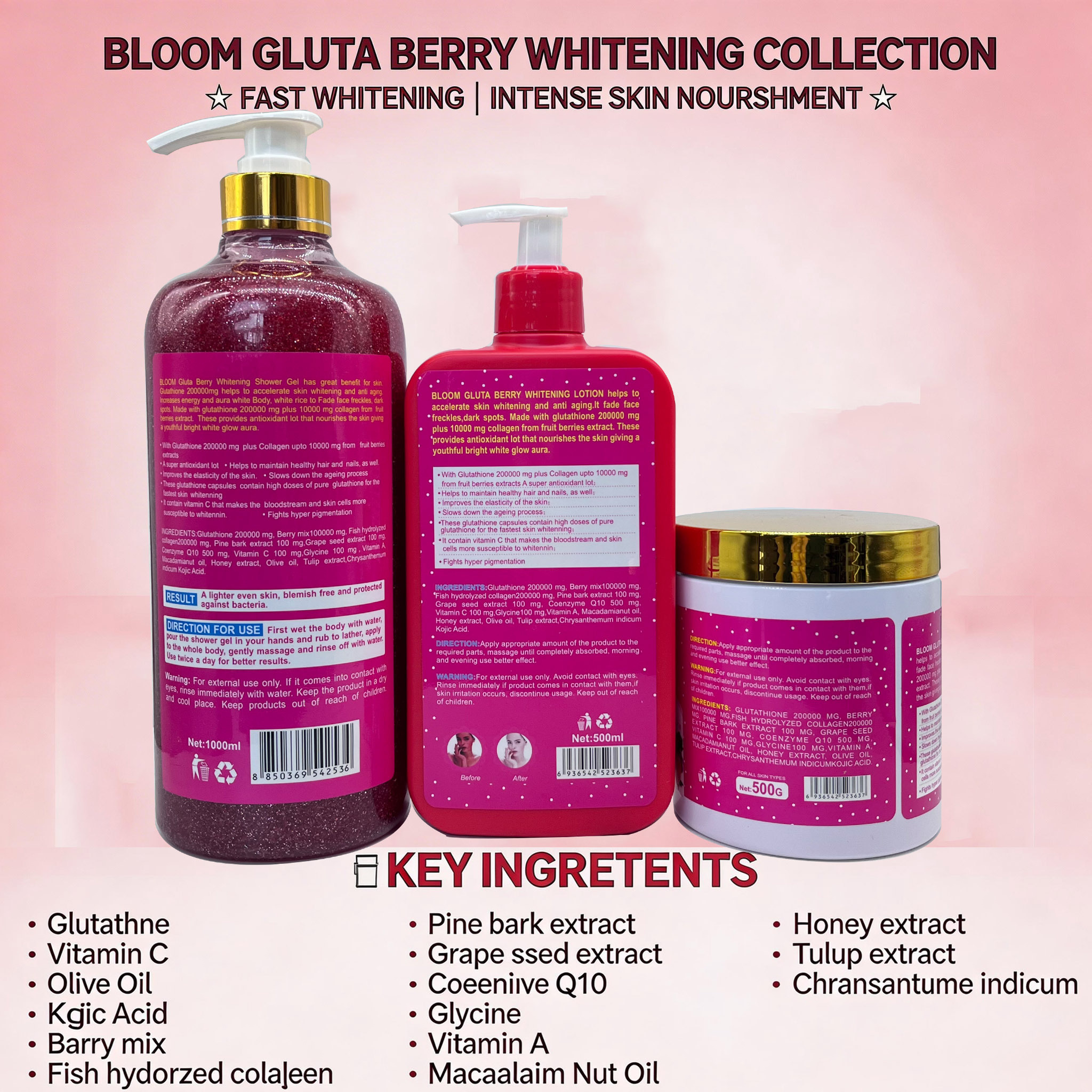 Bloom Gluta Berry Fast Action Whitening & Anti-Aging Body Lotion 500ml, Glutathione & Collagen Moisturizer, Brightening Cream for Dark Spots, Even Skin Tone, Smooth Soft Radiant-Looking Skin