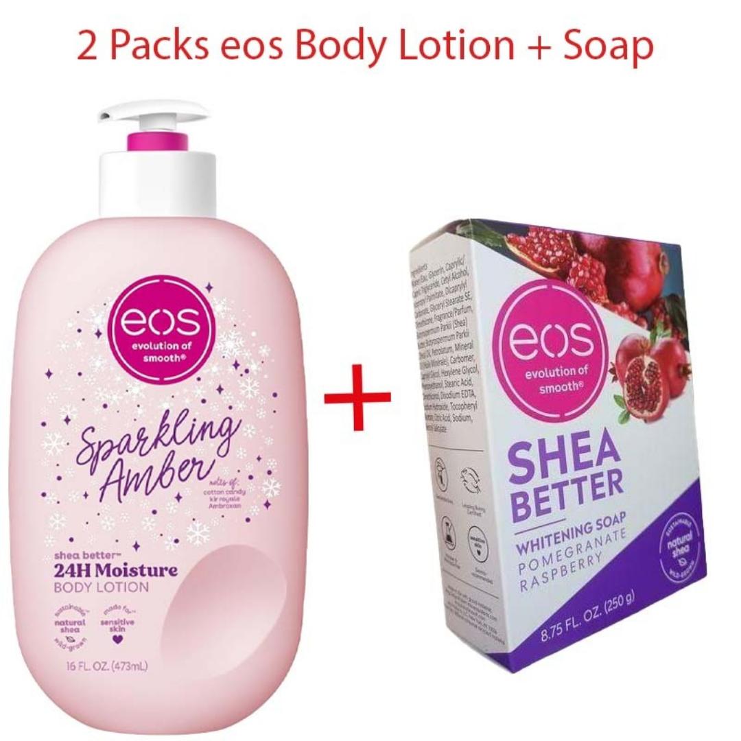 2 Packs EOS Sparkling Amber Shea Better 24H Moisture Body Lotion 473ml + EOS Pomegranate Raspberry Soap 250g – 24H Hydrating Body Care Set, Moisturizing Lotion & Cleansing Soap for Soft, Smooth
