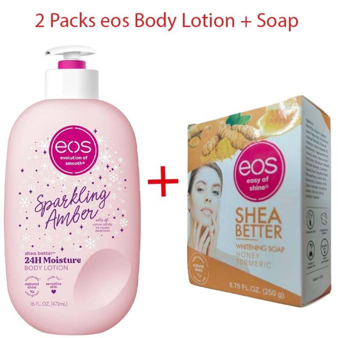 2 Packs EOS Sparkling Amber Shea Better 24H Moisture Body Lotion 473ml + EOS Citrus Soap 250g – Hydrating Body Care Set Moisturizing Lotion & Cleansing Soap for Soft Smooth Nourished & Healthy-Looking