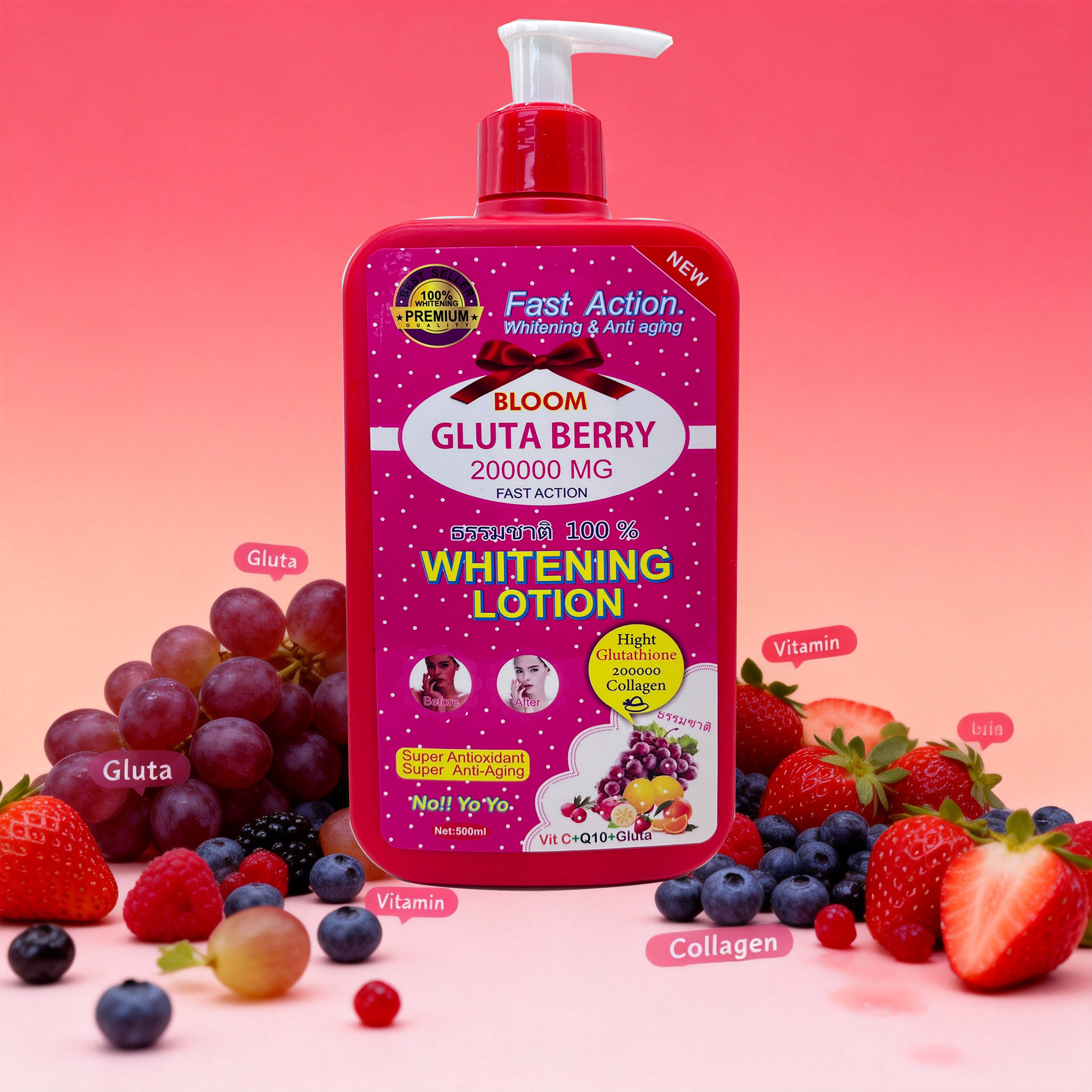 Bloom Gluta Berry Fast Action Whitening & Anti-Aging Body Lotion 500ml, Glutathione & Collagen Moisturizer, Brightening Cream for Dark Spots, Even Skin Tone, Smooth Soft Radiant-Looking Skin
