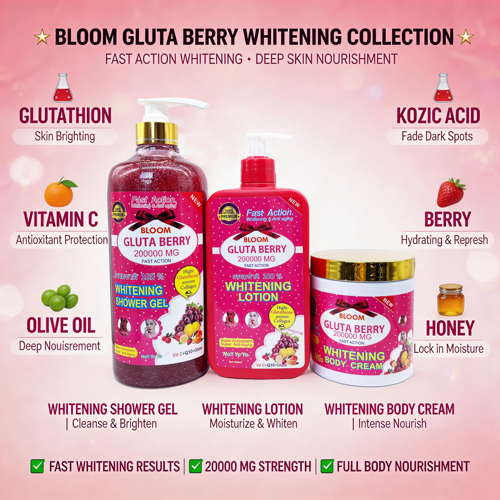 Bloom Gluta Berry Fast Action Whitening & Anti-Aging Body Lotion 500ml, Glutathione & Collagen Moisturizer, Brightening Cream for Dark Spots, Even Skin Tone, Smooth Soft Radiant-Looking Skin