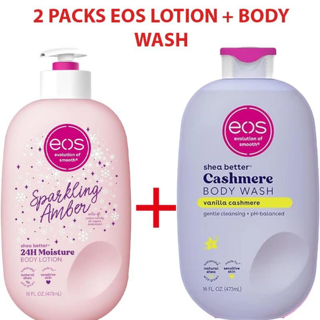 2 Packs EOS Shea Better Cashmere Body Wash 1000ml + Sparkling Amber Lotion 473ml – Moisturizing Body Care Set, Hydrating Shower Gel & Body Lotion for Soft, Smooth, Nourished & Healthy-Looking Skin