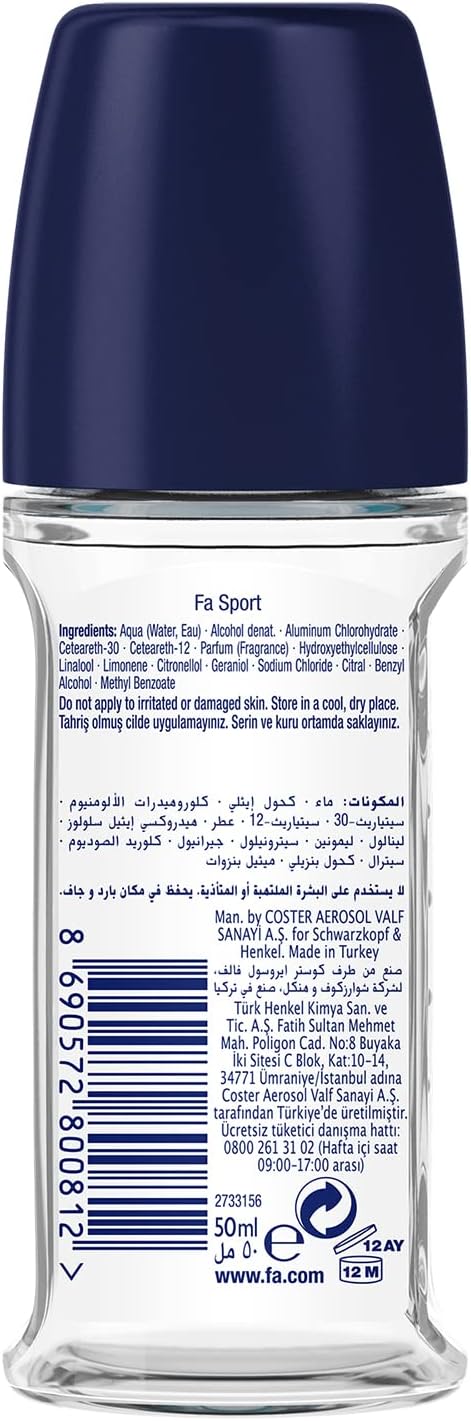 FA Sport Antiperspirant Roll-On 50ml Citrus Green Scent – Long Lasting Sweat & Odor Protection, Fresh Deodorant for Men & Women, Underarm Roll On for Sports & Daily Use