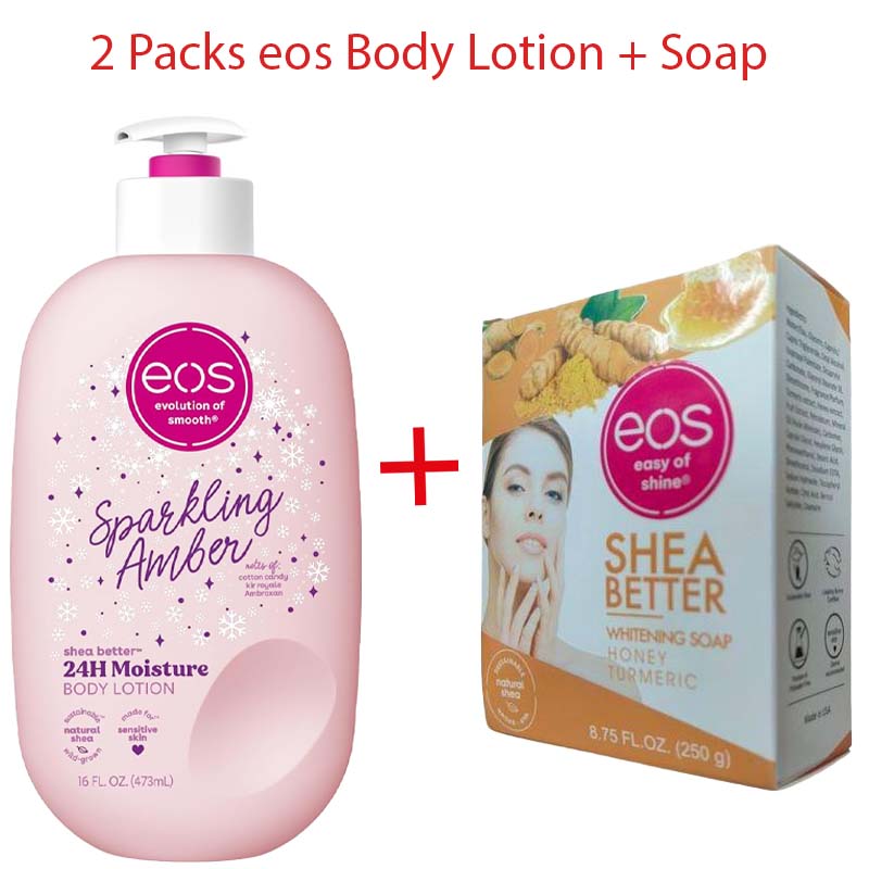 2 Packs EOS Sparkling Amber Shea Better 24H Moisture Body Lotion 473ml + EOS Citrus Soap 250g – Hydrating Body Care Set Moisturizing Lotion & Cleansing Soap for Soft Smooth Nourished & Healthy-Looking
