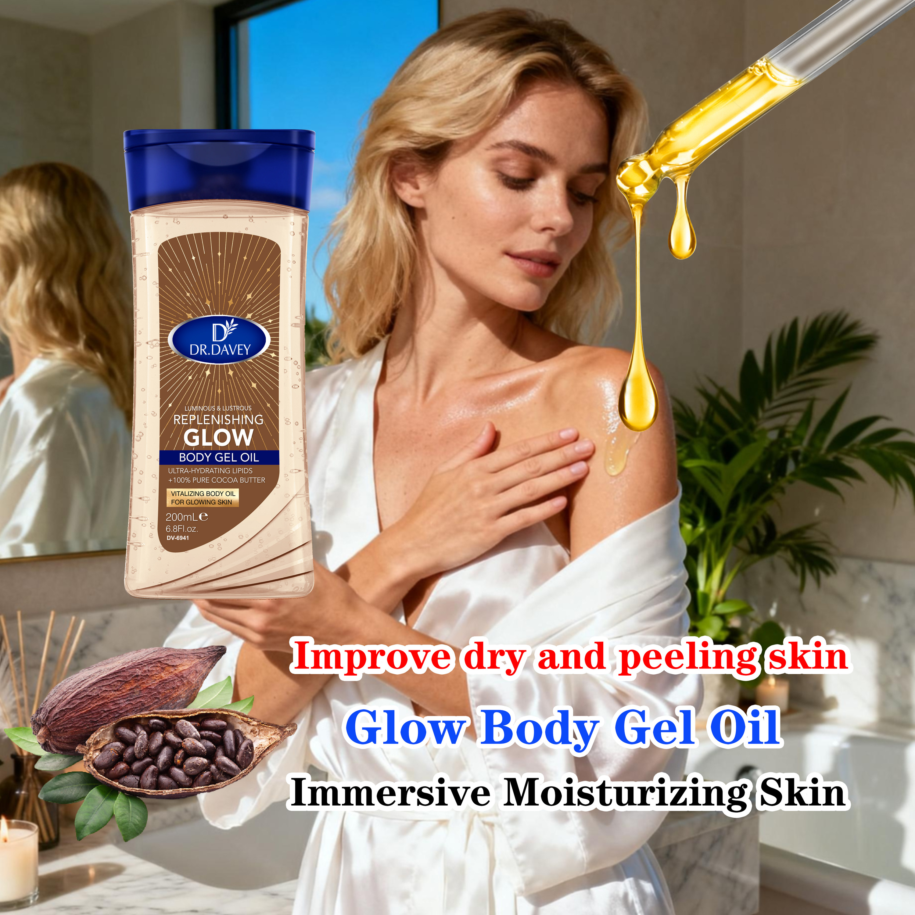Dr Davey Golden Glow Shimmering Body Oil 200ml, Golden Hour Luminous Glow Oil, Hydrating Moisturizer with Cocoa Butter & Vanilla, Lightweight Fast Absorbing Formula, Radiant Smooth Skin Finish