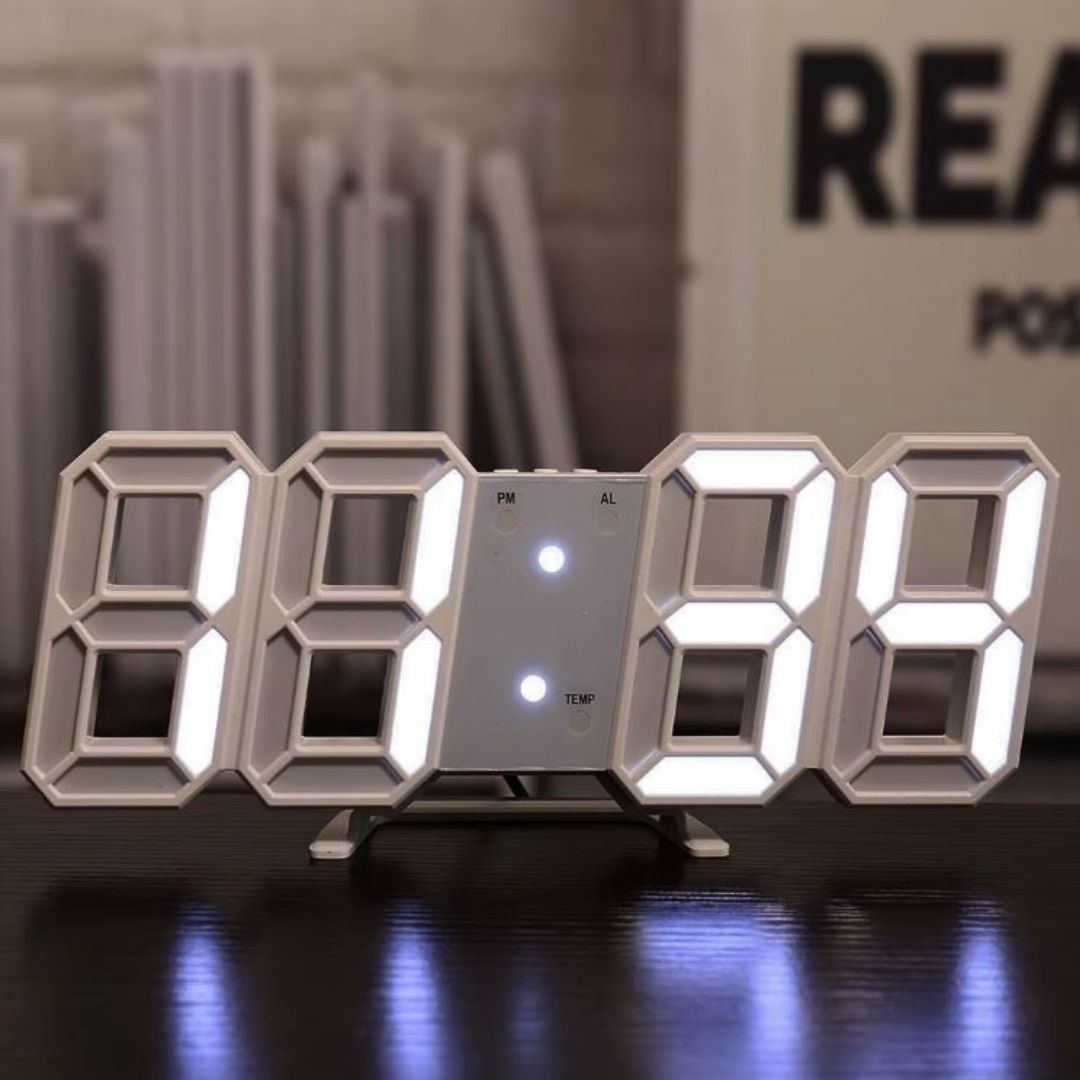 Retro Cyber WHITE 3D LED Digital Clock Alarm Thermometer Calendar - USB Desk Wall with Auto Dimming Night Mode Gift Gaming Setup Office Home Living Bed Study Room AI Time Date Temperature Birthday