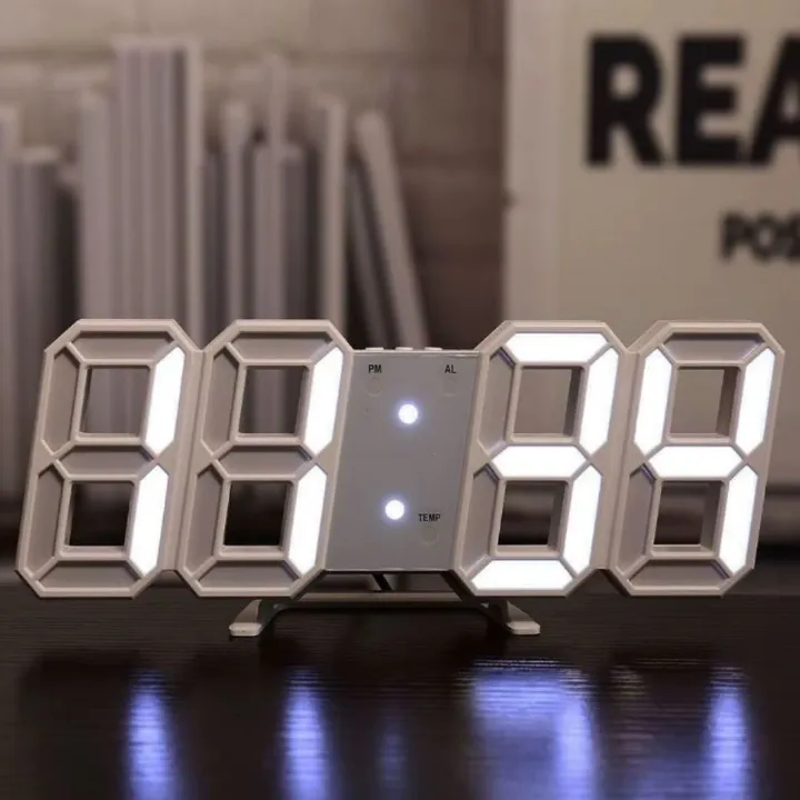 Retro Cyber WHITE 3D LED Digital Clock Alarm Thermometer Calendar - USB Desk Wall with Auto Dimming Night Mode Gift Gaming Setup Office Home Living Bed Study Room AI Time Date Temperature Birthday