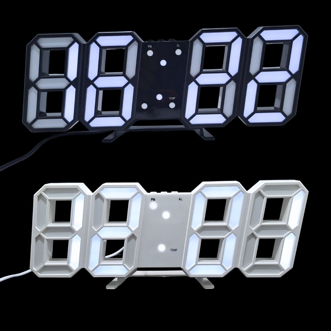 Smart 3D LED Digital Clock Alarm Thermometer Calendar - USB Desk Wall White with Auto Dimming Night Mode Gift Gaming Setup Office Home Living Bed Study Room AI Time Date Temperature Birthday Black