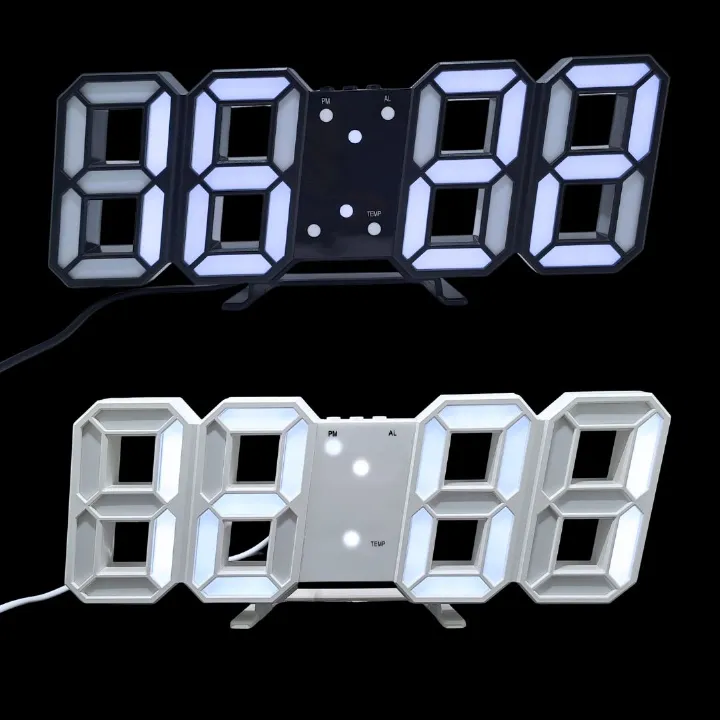 Smart 3D LED Digital Clock Alarm Thermometer Calendar - USB Desk Wall White with Auto Dimming Night Mode Gift Gaming Setup Office Home Living Bed Study Room AI Time Date Temperature Birthday Black