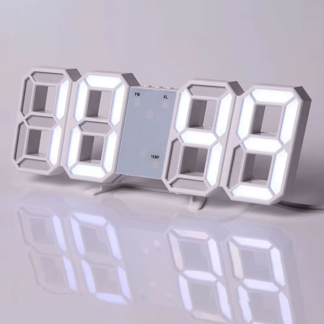 WHITE 3D LED Smart Digital Clock - Multifunctional Desk & Wall with Alarm Thermometer Calendar & Auto-Dimming Display USB Powered Creative Decor for Home Office Bedroom Time Date Temperature Unique