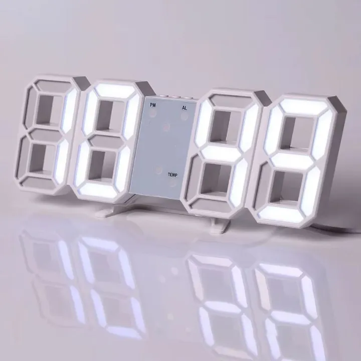 WHITE 3D LED Smart Digital Clock - Multifunctional Desk & Wall with Alarm Thermometer Calendar & Auto-Dimming Display USB Powered Creative Decor for Home Office Bedroom Time Date Temperature Unique