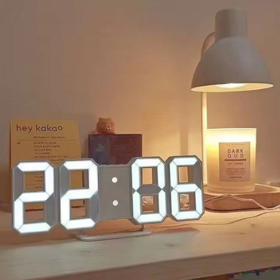 WHITE 3D LED Smart Digital Clock - Multifunctional Desk & Wall with Alarm Thermometer Calendar & Auto-Dimming Display USB Powered Creative Decor for Home Office Bedroom Time Date Temperature Unique