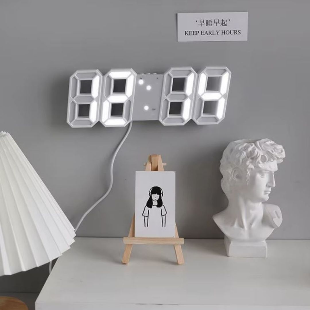 WHITE 3D LED Smart Digital Clock - Multifunctional Desk & Wall with Alarm Thermometer Calendar & Auto-Dimming Display USB Powered Creative Decor for Home Office Bedroom Time Date Temperature Unique