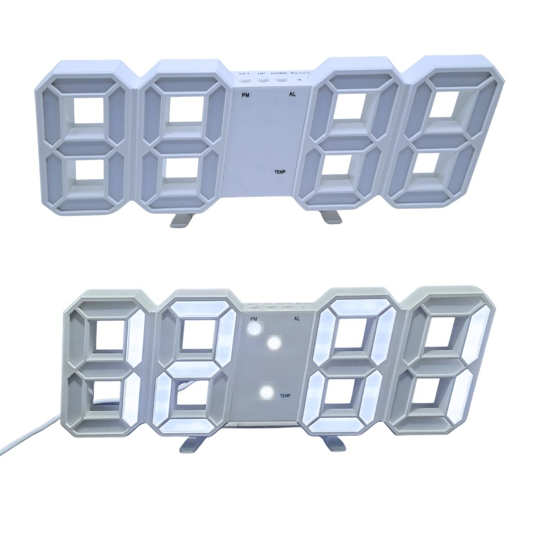 WHITE 3D LED Smart Digital Clock - Multifunctional Desk & Wall with Alarm Thermometer Calendar & Auto-Dimming Display USB Powered Creative Decor for Home Office Bedroom Time Date Temperature Unique