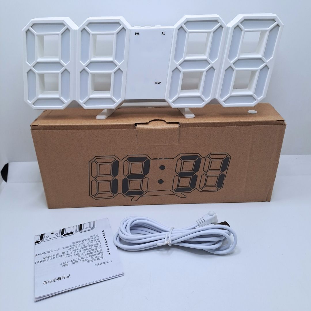 WHITE 3D LED Smart Digital Clock - Multifunctional Desk & Wall with Alarm Thermometer Calendar & Auto-Dimming Display USB Powered Creative Decor for Home Office Bedroom Time Date Temperature Unique