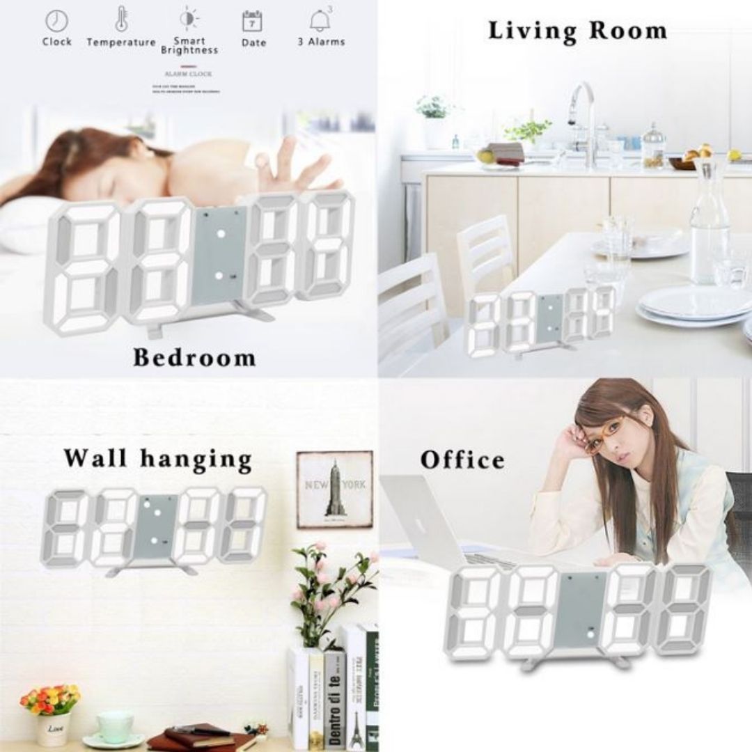 Smart 3D LED Digital Clock Alarm Thermometer Calendar - USB Desk Wall White with Auto Dimming Night Mode Gift Gaming Setup Office Home Living Bed Study Room AI Time Date Temperature Birthday Black