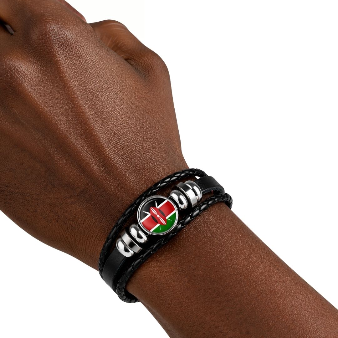 KENYAN National Flag Leather Bangle Bracelet Patriotic Woven Cuff for Men Women Adjustable Snap Button for Independence Day I Love My Country Gift for Diaspora Foreigners Kenya Somalia Uganda Tanzania