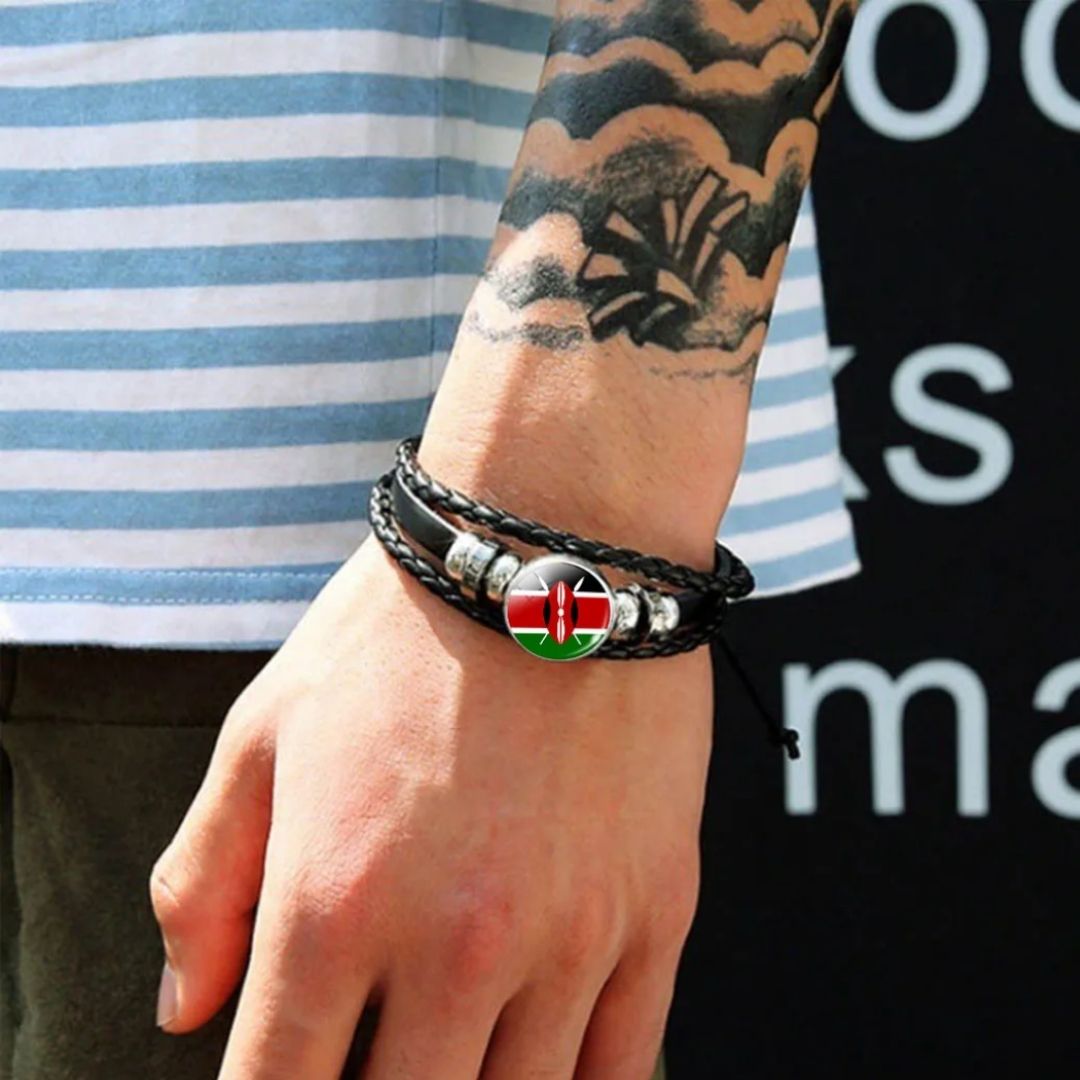 KENYA Adjustable National Flag Leather Bracelet Patriotic Woven Snap Button Wristband for KENYAN Somalia Uganda & Tanzania Unisex Pride Independence Tourist Jewellery Band Gift Bangle Harambe Stars