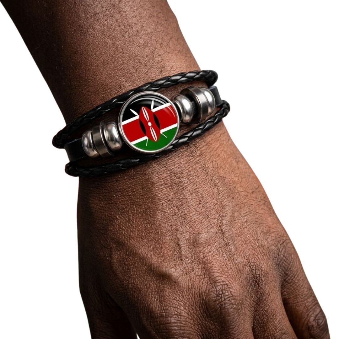 KENYAN National Flag Leather Bangle Bracelet Patriotic Woven Cuff for Men Women Adjustable Snap Button for Independence Day I Love My Country Gift for Diaspora Foreigners Kenya Somalia Uganda Tanzania
