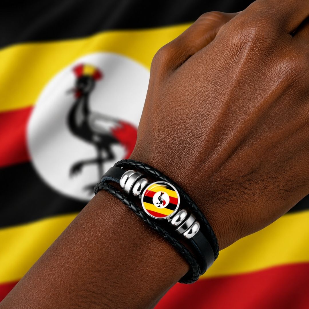 UGANDAN Country National Flag Bangle Bracelet Woven Leather Patriotic Pride Snap Button Bracelet Kenya Somalia Uganda Tanzania Adjustable Unisex Gift Independence Tourist Wristband Football Fan Team