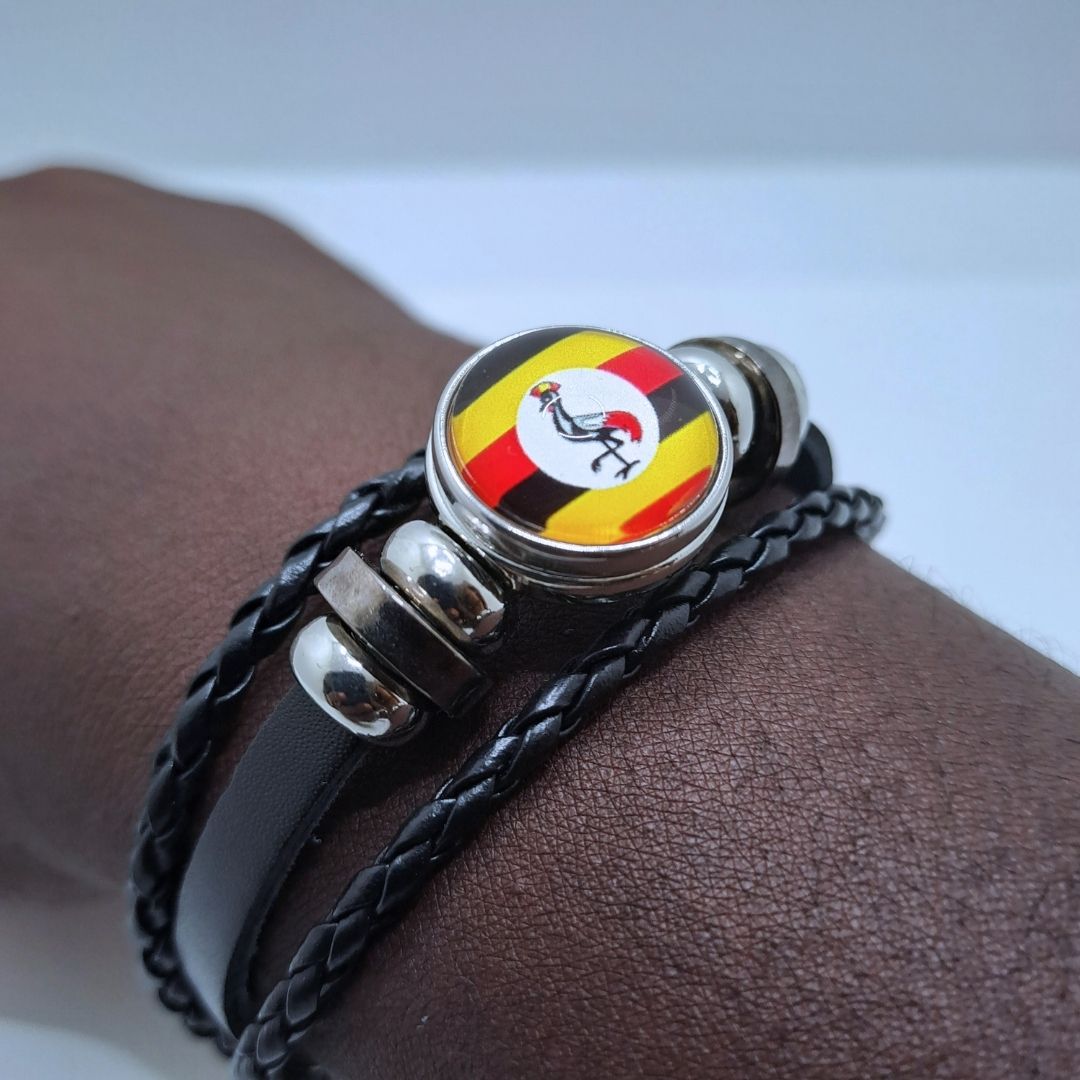 UGANDAN Country National Flag Bangle Bracelet Woven Leather Patriotic Pride Snap Button Bracelet Kenya Somalia Uganda Tanzania Adjustable Unisex Gift Independence Tourist Wristband Football Fan Team